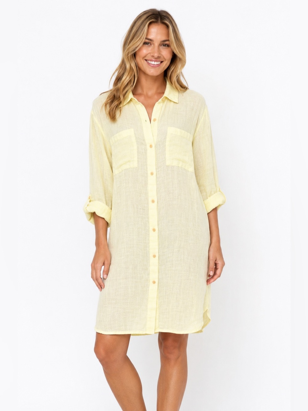 Magaschoni Spun European Linen Long Sleeve Button Down Coverup Shirt Dress